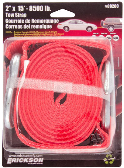 2" X 15' TOW STRAP WITH HOOKS - 8,500 Lb. CAPACITY